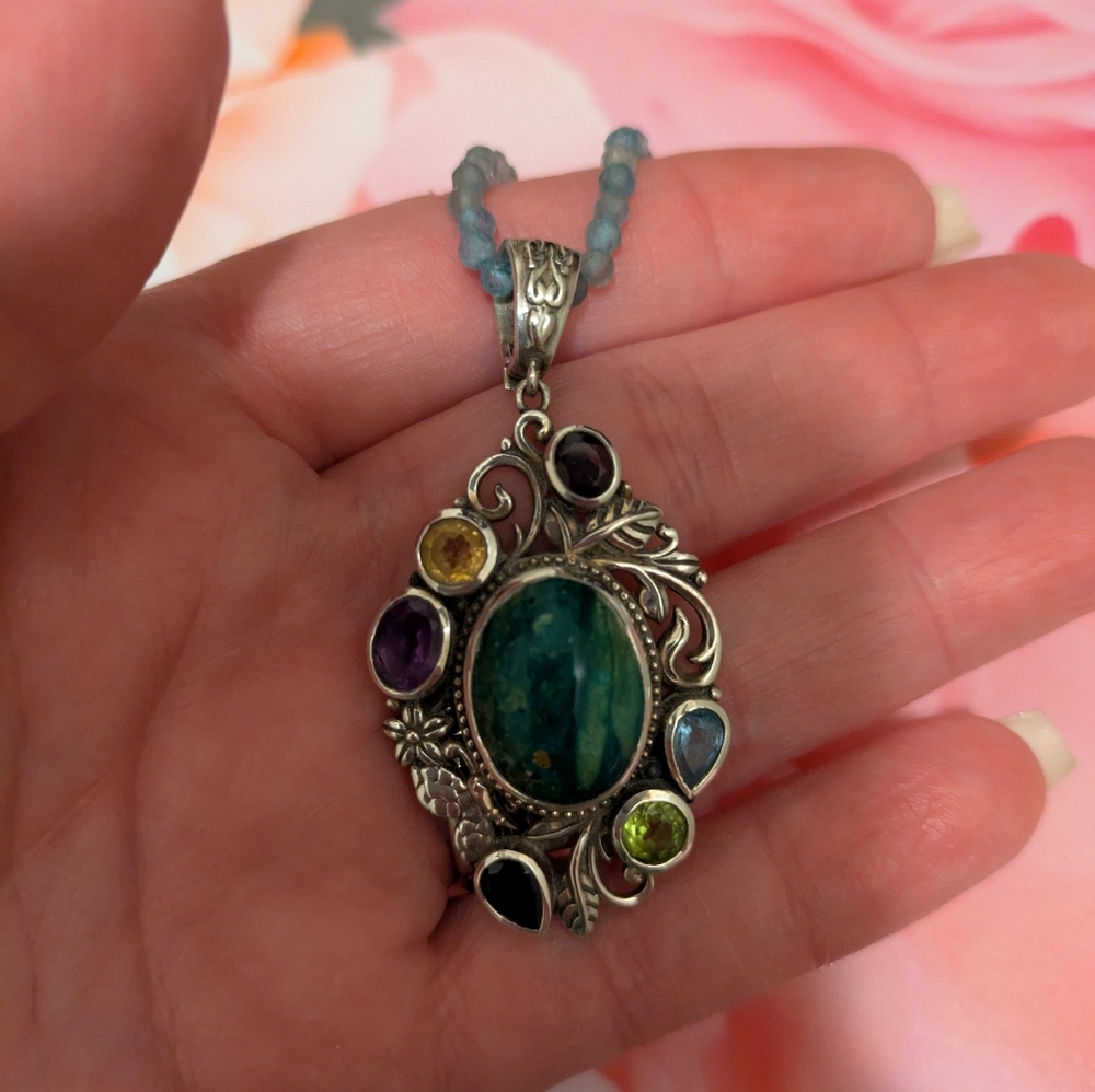 Sterling Silver Genuine Multi-Gemstone Pendant On A 20in Beaded Necklace - Picture 3 of 5